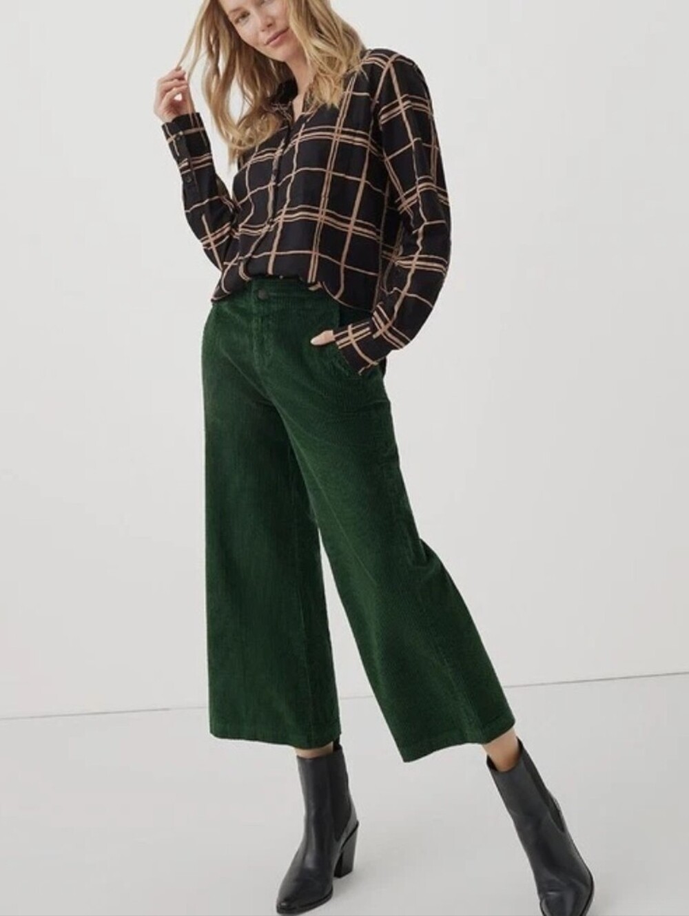 Pact‎ Wale Wide Leg Corduroy Crop Pants Mountain View Emerald Green Size Small